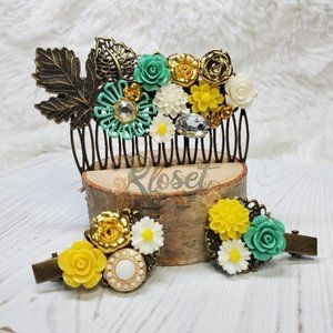 Vintage teal hair comb with matching hair clips